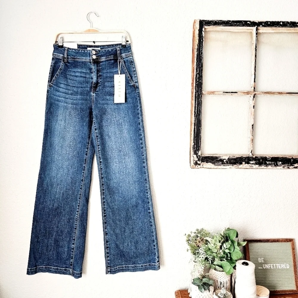 RISEN HR Dark Wash Wide Leg Jeans Double Button Trouser Style Denim 9/29 NEW
